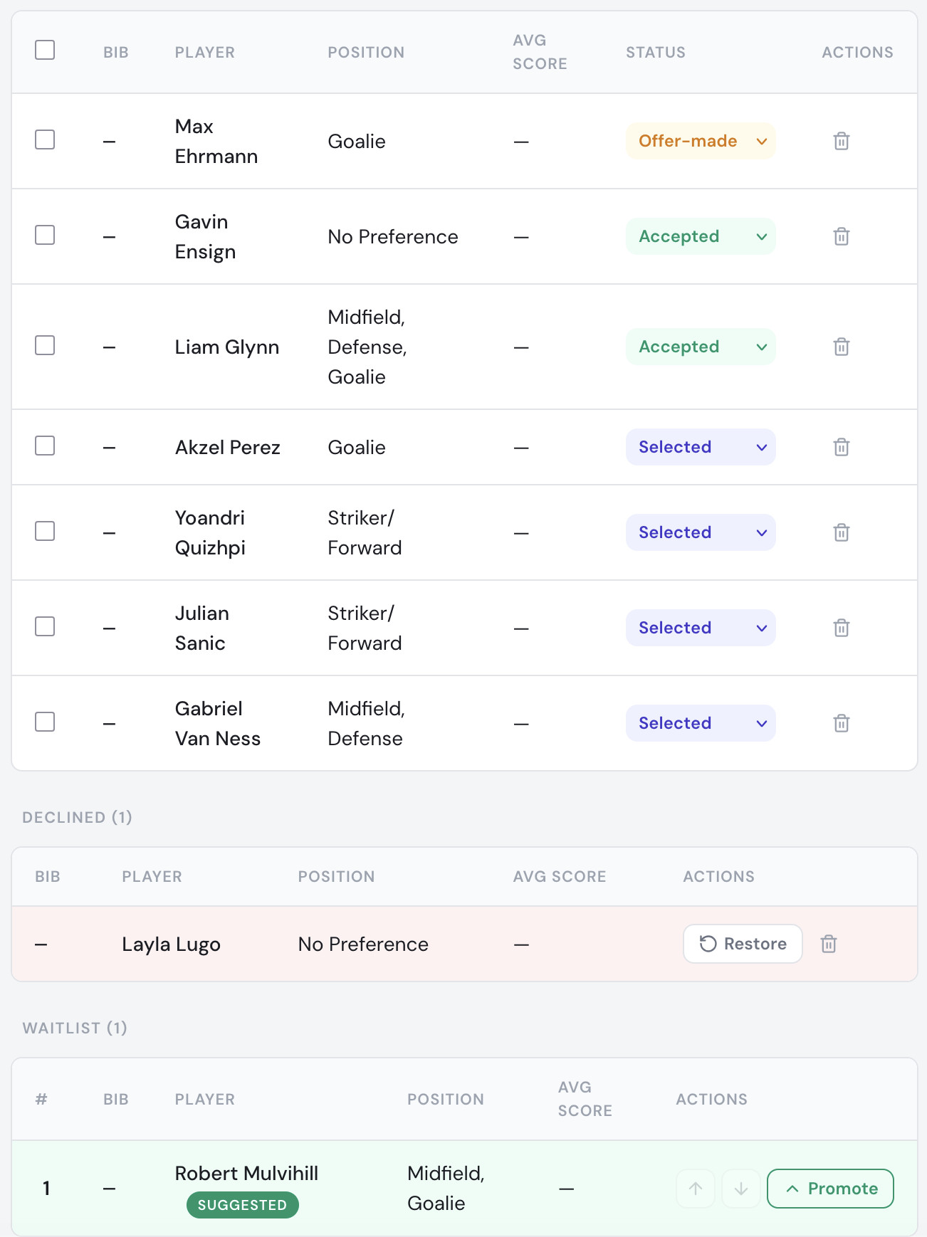 Team Selection screenshot